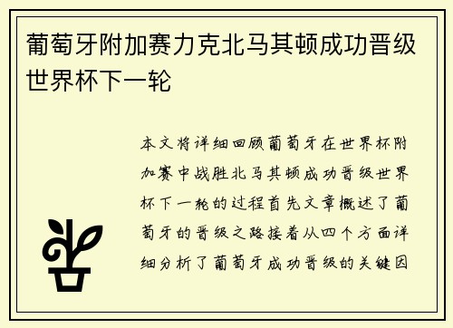 葡萄牙附加赛力克北马其顿成功晋级世界杯下一轮
